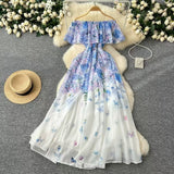 Shoulder Lotus Leaf Side Waist Print Chiffon Dress Women 2025 Spring New Holiday Temperament