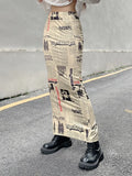 Vintage Newspaper Letter Print High Waist Long Skirt Women Distressed Harajuku Slim Pencil Skirts Aesthetic Y2K