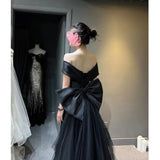 Black Evening Dress Women's 2025 New Word-Shoulder High-End Dinner Light Luxury Small Fishtail Dress High