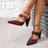 Women's Wine Red High-Heeled Sandals Square Buckle Decorative Pointy-Head Heel Shoes Sandals Muller Women's