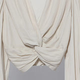 2022 Sexy Niche Cross-Kinny Wrinkles V-Neck Pad Shoulder Long Sleeve Shirt Short High-Waist Bubble Sleeve