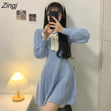Sleeve Dresses Women Cute Sweet Fashion Tender Mini Knitting Autumn Casual Ulzzang Preppy Girls Chic Daily Clothing