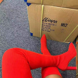 Autumn And Winter Sharp Head Thick And Knitted Knee Boots Woman 43 Large Elastic Long