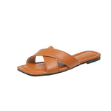 Large-Size Cross-Edup With Flat-Bottom Slippers Women Wear New Square-Head Drag Beach Cool