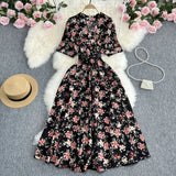 Zingj Summer New Temperament Shirt Dress Female Print Close Waist Over The Knee Big Place Socialite Floral Long Skirt