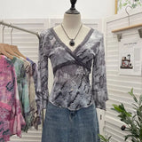 Picts Picts Retro Tie-Dye-Print Yarn Lace V-Neck Low-Breast Horn Sleeves Short Thin T-Shirt Top