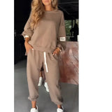 Knitted Women's Two-Piece Set Long-Sleeved Top And Casual Broad-Legged Pocket Trousers