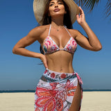 2024 New Three-Piece Set Of Flowers Printed Screen Three-Piece Set Swimsuit Bikini