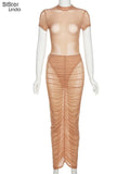 Mesh Outfits Women Two Piece Set Skinny O-Neck Short Sleeve Bodysuits Top+Skirt See Through Clubwear Vacation Matching