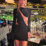 Sexy Hollow Out Ruched Women Dress Green Long Sleeve Round Neck Bandage Dress Femme Autumn Skinny Elegant Party