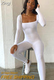 Women Ribbed Knit Yoga Jumpsuits Long Sleeve Square Neck Bodycon Jumpsuit One-Piece Workout Sports Outfits