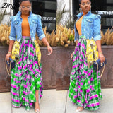 Women Long Maxi Skirts High Waist Patchwork Loose Asymmetrical Plaid Print Loose Big Swing Floor Length Long