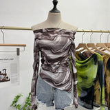Dyed Printed Shoulder T-Shirt Design Sense Irregular Open Fork Thin Mesh Long Sleeve Top