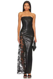 INS Solid Color PU Leather Fashion Temperament Body-Meared Lace Explosion Sexy Mid-Long Dress Dress
