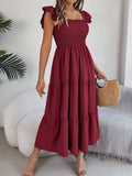 Shooting 2025 Summer Solid Color Square Lead Wood Ear Waist A Word Dress Women's