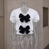 And Sweet Niche Wind 2025 Spring New V-Necked Short-Sleeved Personality Double Bow Solid Color Sweater