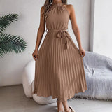 Shooting 2025 Spring And Summer Elegant Tie Without Sleeves To Close The Waist 100 Folding Long Dress Women's