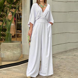 Winter Elegant Dress Women's Fashion Pure Color In Short-Sleeved Casual V-Neck