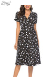Women Floral Print Bohemian Beach Dress Short Sleeve Elegant Vintage A-Line Summer Chiffon Dress Casual Boho