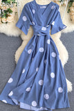 Women Polka Dot Midi Dress Vintage V-Neck Short Flare Sleeve Bandage A-Line Vestidos Female Casual Robe New
