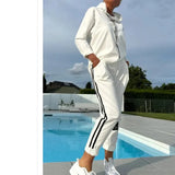 Autumn And Winter New Women's Pure Color Round Neck Long Sleeves With Splicing Trousers Set
