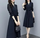New Women's Spring Dress V-Neck Waist-Skinned Bottom Dress French Long-Sleeved Elegant Chiffon Dress