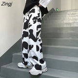 Cow Print Harem Pants Women Spring Casual High Waist Straight Pants Streetwear 90s Y2k Joggers Loose Wide Leg