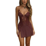 Spice Girls Deep V-Breasted Spliced Lace Sling Steel Ring Fish Bone Opening Dress