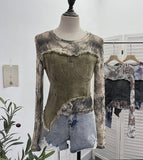 Solid Shooting Tie-Dye Print Spliced Denim T-Shirt Girl Autumn Design Sense Irregular Hair Side Short-Sleeved Top