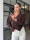 High-End Light Luxury Summer Solid-Colored Shoulder Collar Lantern Cuffs Waist Design Long-Sleeved