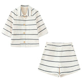 Women's Explosive Stripes Bumpy Round-Neck Long-Sleeved Knitted Double-Shirted Shorts