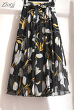 Women Summer Floral Print Chiffon Girls Spring Korean A-Line High Waist Ladies Elegant Office Holiday Midi