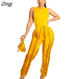 Sleeve Bodysuit and Pants Fringe Tassel Trousers Two Piece Set Tracksuit Fall Women Clothing Sexy Skinny