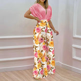 Women's Autumn New Temperament V-Neck Print Wide Leg Pants Fashion Casual Set