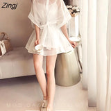 Set Mini Dress Korean Short Sleeve Stand Organza Belt A Line Dress Women Summer Casual Office Dress+Cotton Base
