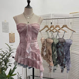 Shooting 2025 Spring And Summer New With Chest Cushions Dyed Mesh Sling Sling Vest Irregular Lotus Leaf Side Top