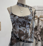 Girls Newspaper Tie-Dye Printing Net Waste Vest Irregular Rope Ribbon