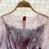 Mesh Printed Dress Women Spring Autumn Round Neck Puff Long Sleeve Ink Pattern A-Line Big Swing Vestidos Female 2023