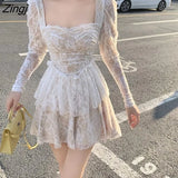 Sweet Lace Fairy Dress Women Sexy Slim Korean Party Vintage Dress 2022 Elegant Princess Long Sleeve Ruffles Retro