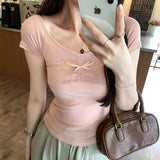 Design Big V-Collar Lace Collage Split Bow Short-Sleeved T-Shirt Women's Summer New Pure Korean