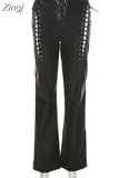 Women Lace Up PU Leather Pants Leggings Hollow Out High Waist Punk Trousers Drawstring Bandage Cut Out Tights