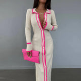 Zingj Slim Lapel Splicing Women's Long-Sleeved Cardigan Dress