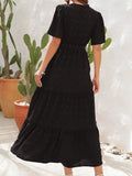 Maxi Dress Women Elegant Jacquard Sundress Female Boho Beach Green Long Dress Loose Retro Short Sleeve