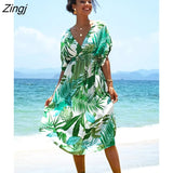 PETAL Green Tropical Print Midi Dress For Woman Sexy V-Neck Short Sleeve Beach Dress 2023 Summer Casual Sundress