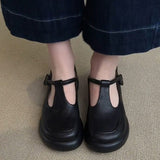 New Retro Simple Round Head Thick-Soled Mary Treasure Shoes Lady Commute Black Small Leather Shoes Single