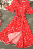 Women Blue/Green/Pink Polka Dot Dress 2023 Vintage High Waist A-line Ladies Vestidos Verano Casual V-neck Dresses
