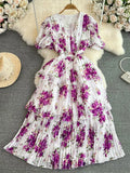 Women Floral Chiffon Draped Long Dress Vintage V-Neck Short Puff Sleeve High Waist Ruffle Pleated Vacation Beach Robe