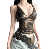 Cloth Forget Hottie Retro Leopard Thoracic Cross-Back Hollow Top Design Sense V Collar Body