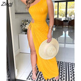 Boho Style Holiday Solid One Shoulder High Slit Drawstring Cutout Ribbed Maxi Dress Casual Party Wear Bandage Long