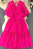 Women Pleated Chiffon Dress Sexy V-Neck Puff Sleeve High Waist Draped Vestidos Female Vacation Beach Midi Robe